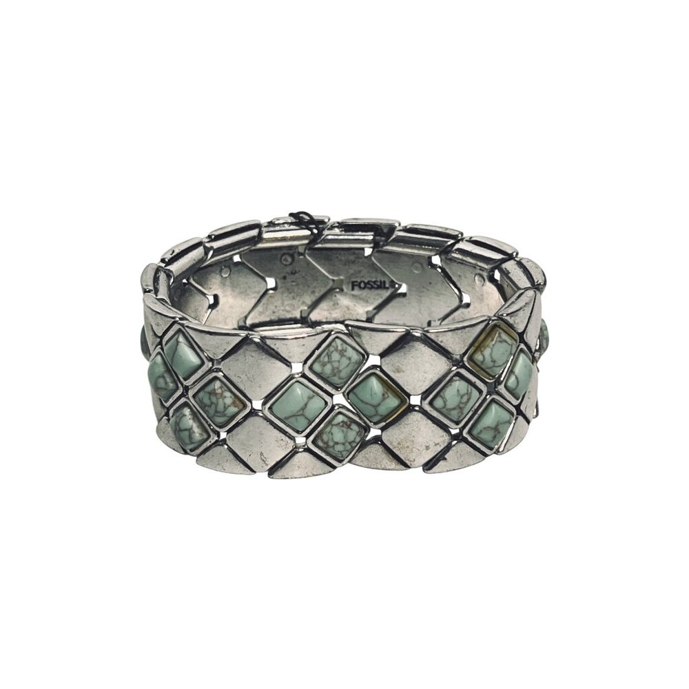 Fossil Silver Tone And Turquois Stretch Bracelet Signed (6241) - Picture 2 of 7
